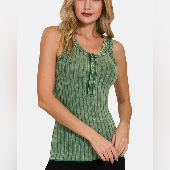 Zenana Washed Ribbed Half Snap Henry Tank - Picture 2 of 3